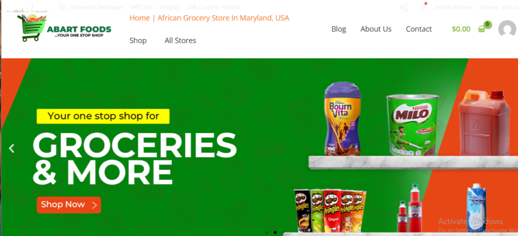 abartfoods homepage interface