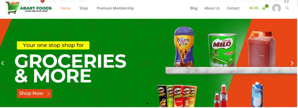 abartfoods homepage interface